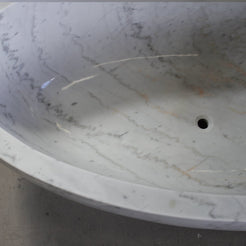 Actual Mira BT-031A Ivory Cloud Marble bathtub, real polished rim, natural veining and drain detail