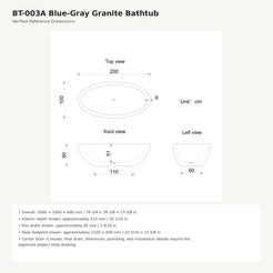 Nerida BT-003A Blue-Gray Granite bathtub dimensions, 2000 x 1000 x 600 mm