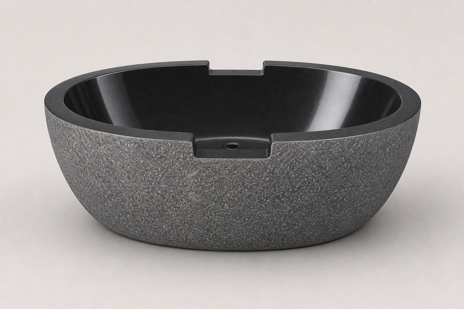 Noctira asymmetrical Absolute Black Granite bathtub, premium studio visualization