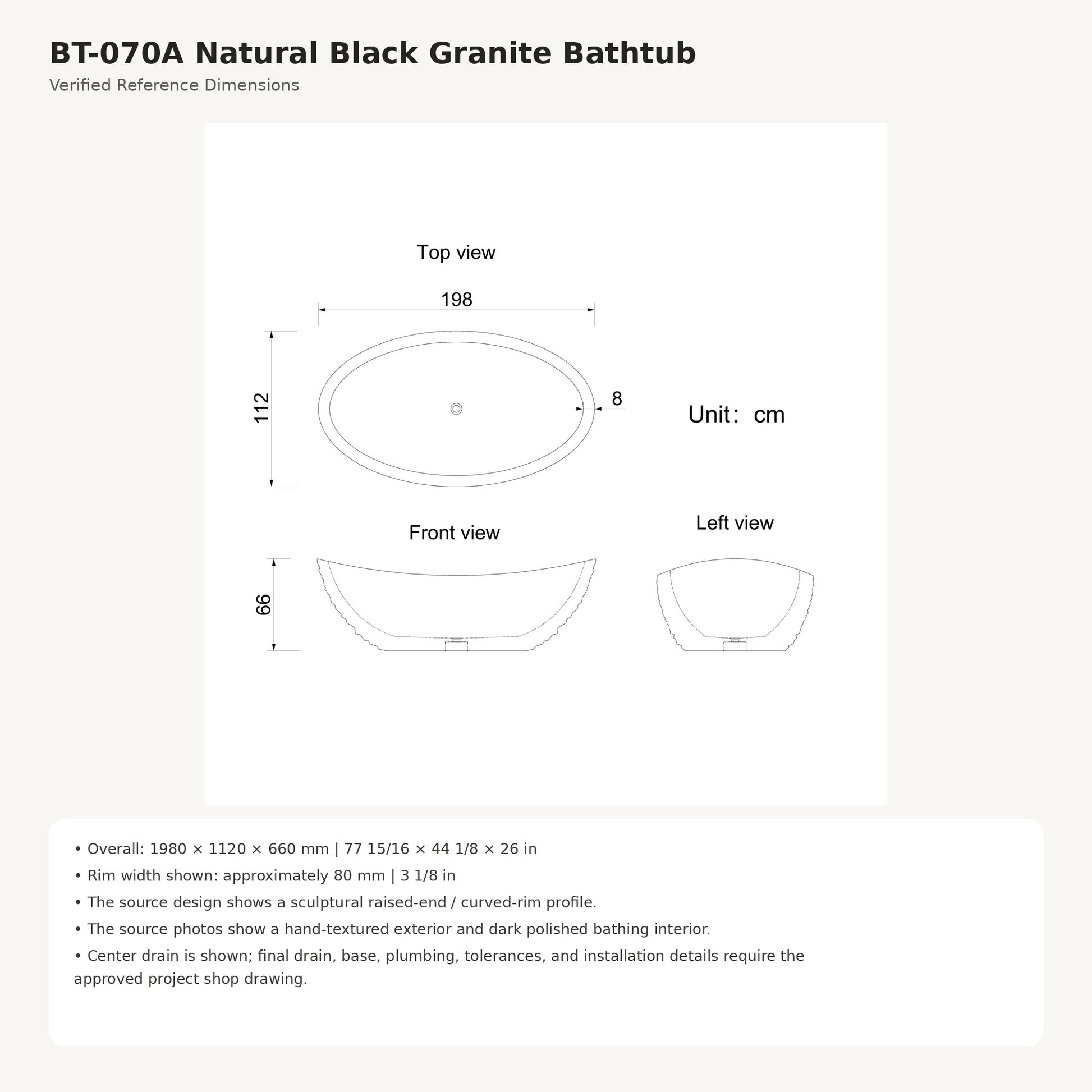Noira BT-070A Natural Black Granite bathtub dimensions, 1980 x 1120 x 660 mm