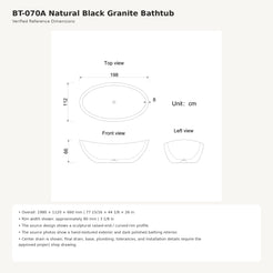 Noira BT-070A Natural Black Granite bathtub dimensions, 1980 x 1120 x 660 mm
