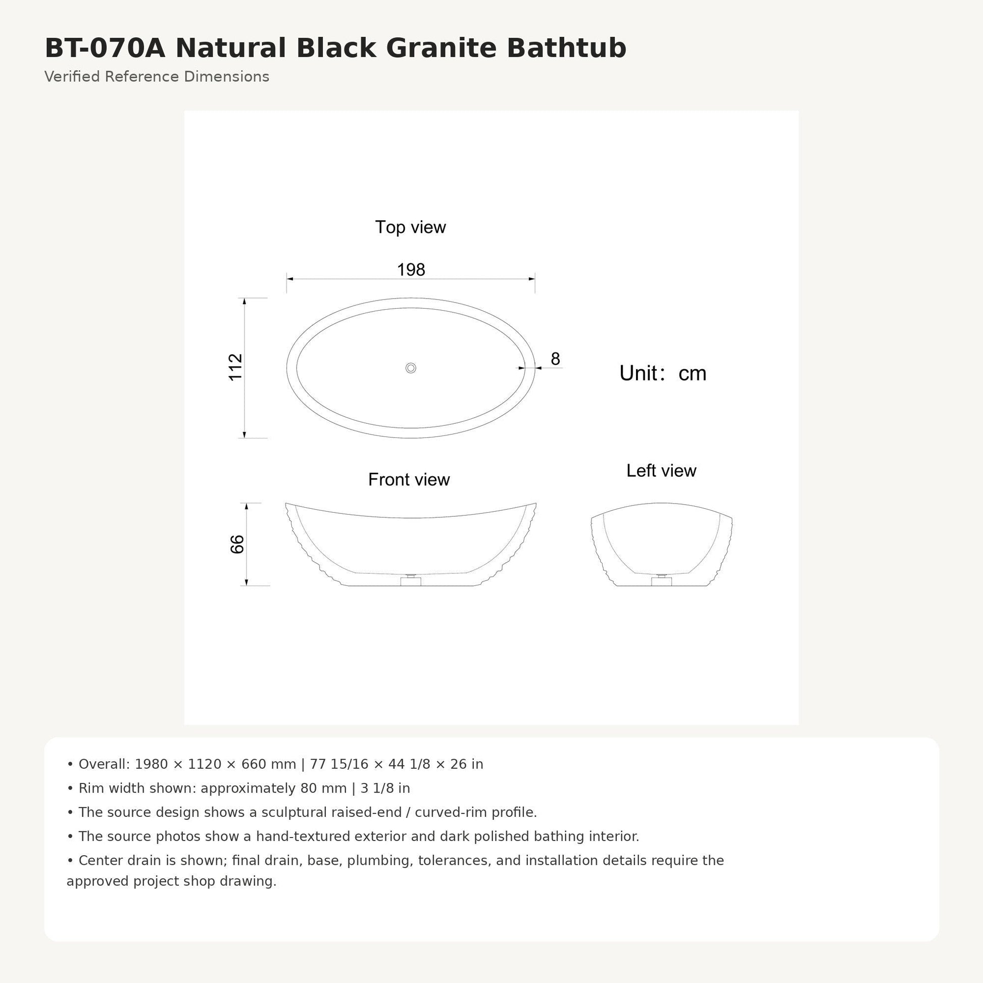 Noira Natural Black Granite bathtub reference dimensions