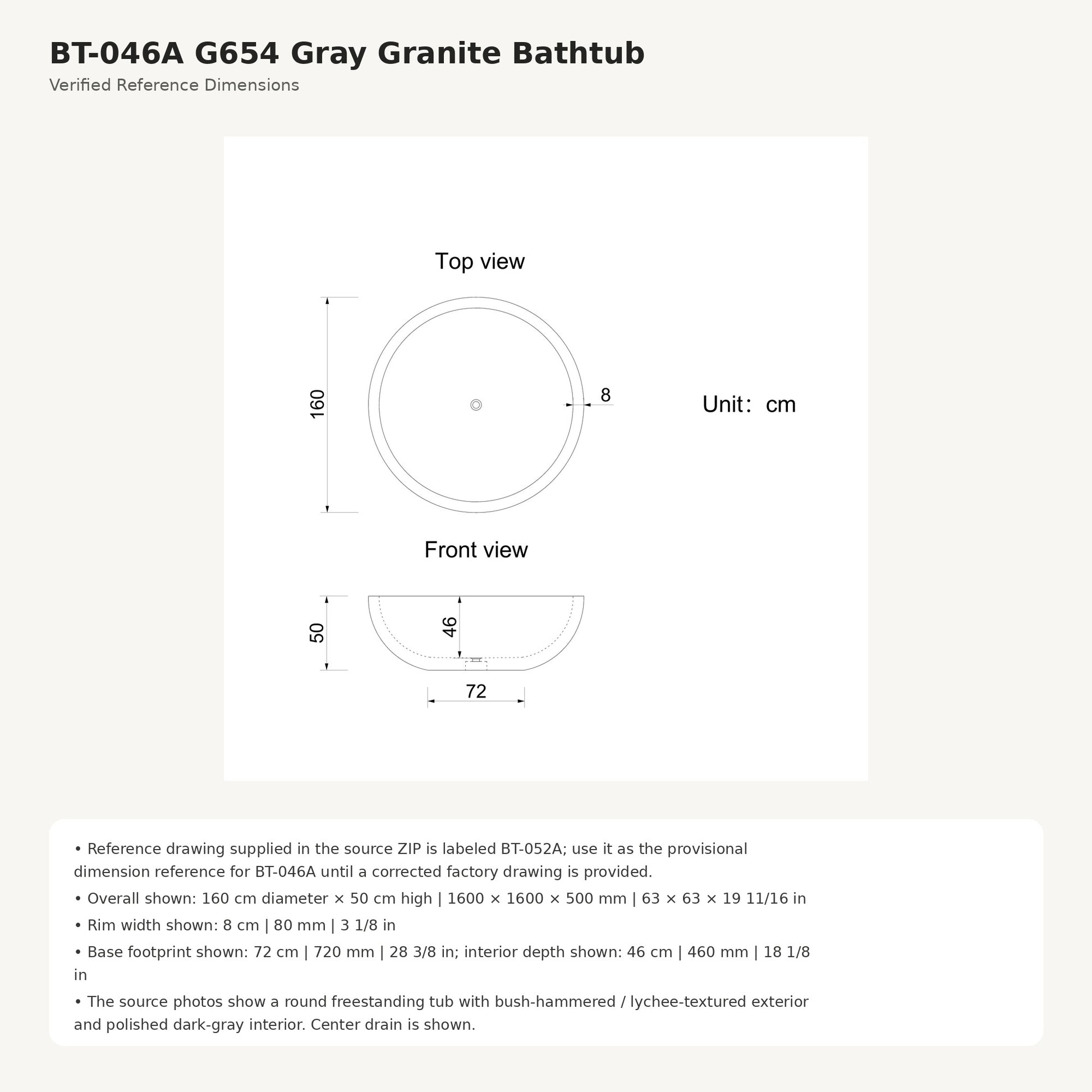 Oria BT-046A round G654 Gray Granite bathtub provisional dimensions, 1600 x 1600 x 500 mm