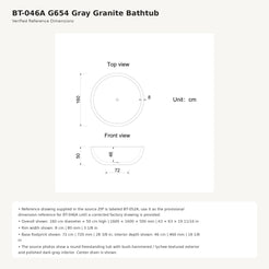 Oria BT-046A round G654 Gray Granite bathtub provisional dimensions, 1600 x 1600 x 500 mm