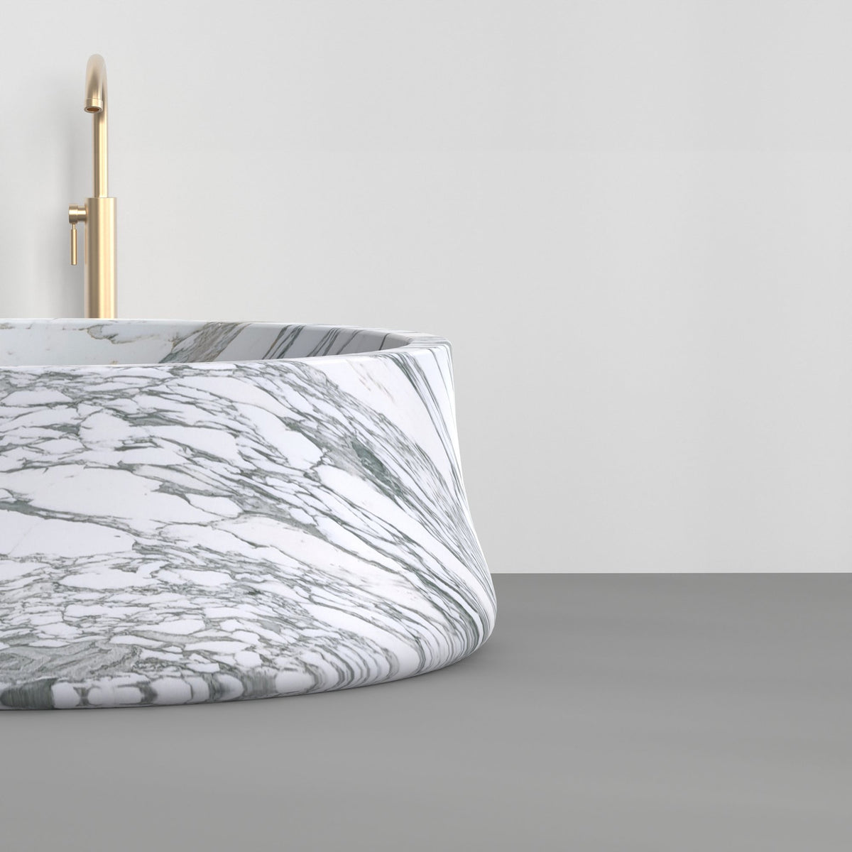 Orlena BT-138A Italian Arabescato Marble bathtub design rendering, sculpted side detail