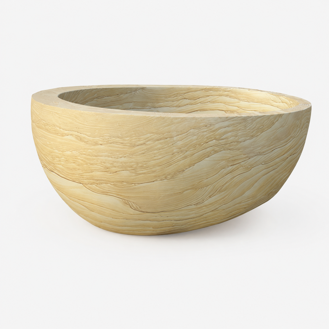 Sahira BT-085A Natural Sandstone raised-end oval freestanding soaking bathtub, enlarged front-angle product view with the tub filling the square frame