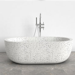 Serelle Alba White Terrazzo bathtub, studio front-profile visualization