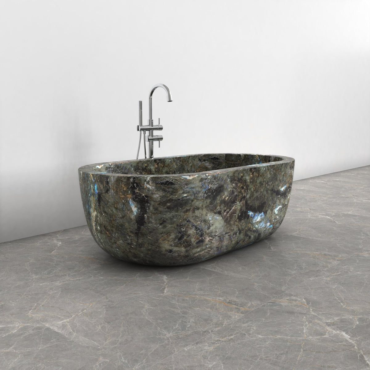 Serelle Celestia Blue Quartzite bathtub, studio side three-quarter visualization
