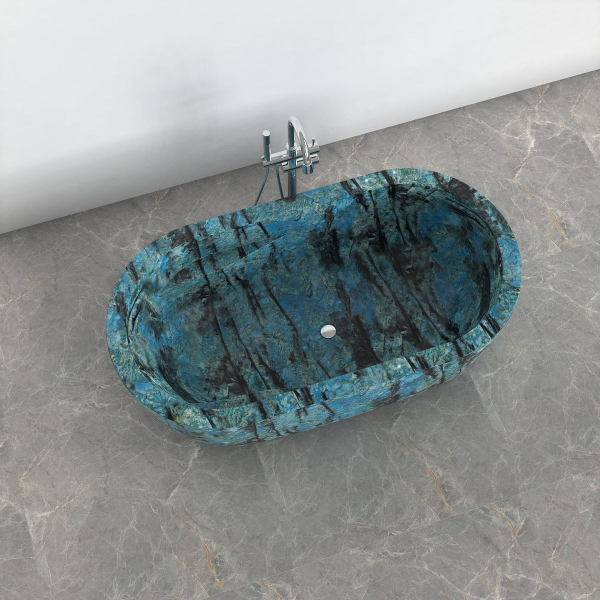 Serelle Danube Blue Quartzite bathtub, studio side-view visualization