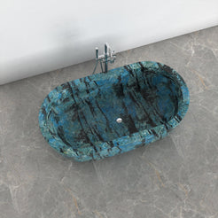 Serelle Danube Blue Quartzite bathtub, studio side-view visualization