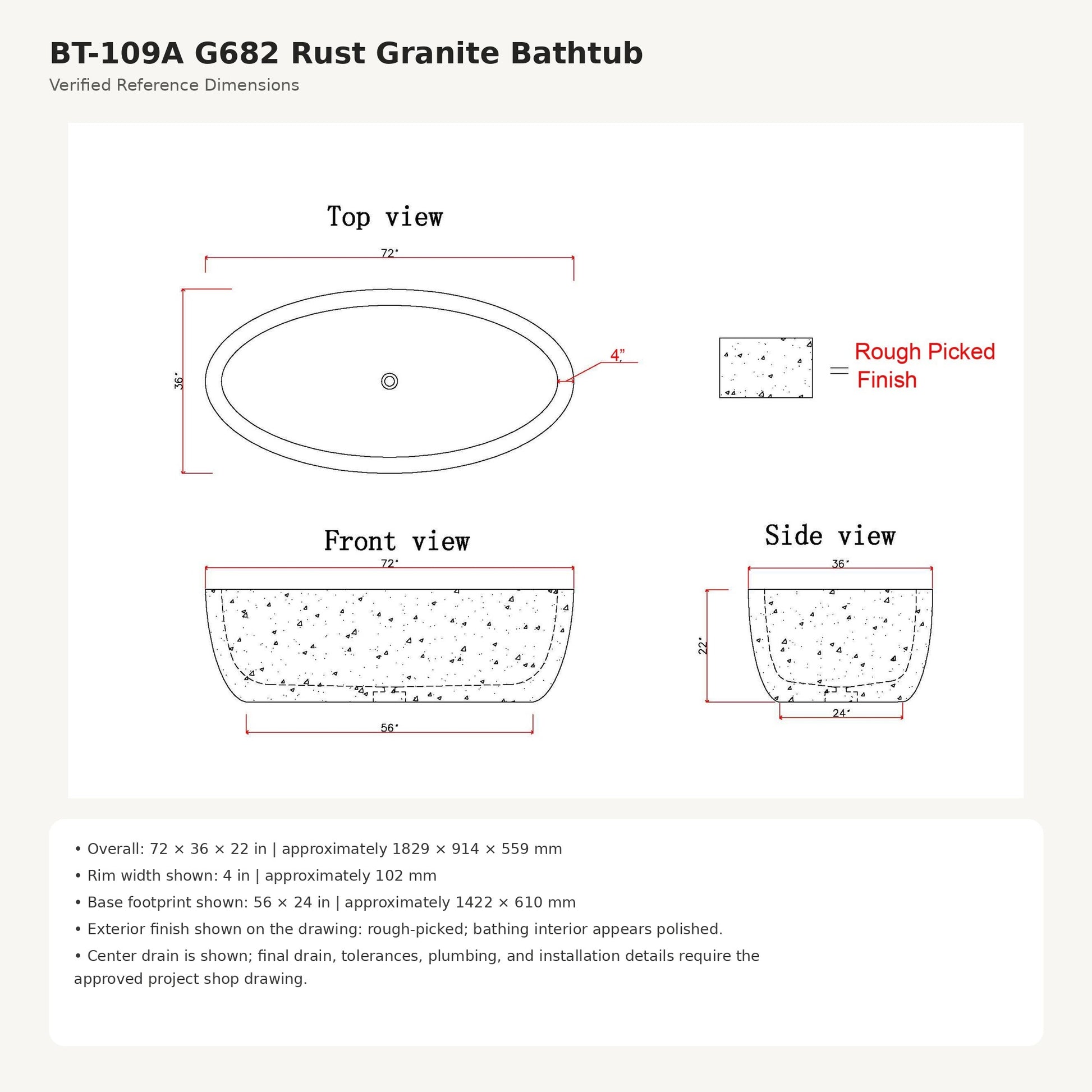 Solea BT-109A G682 Rust Granite bathtub dimensions, 72 x 36 x 22 inches
