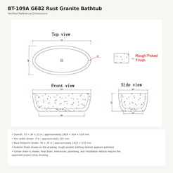 Solea BT-109A G682 Rust Granite bathtub dimensions, 72 x 36 x 22 inches