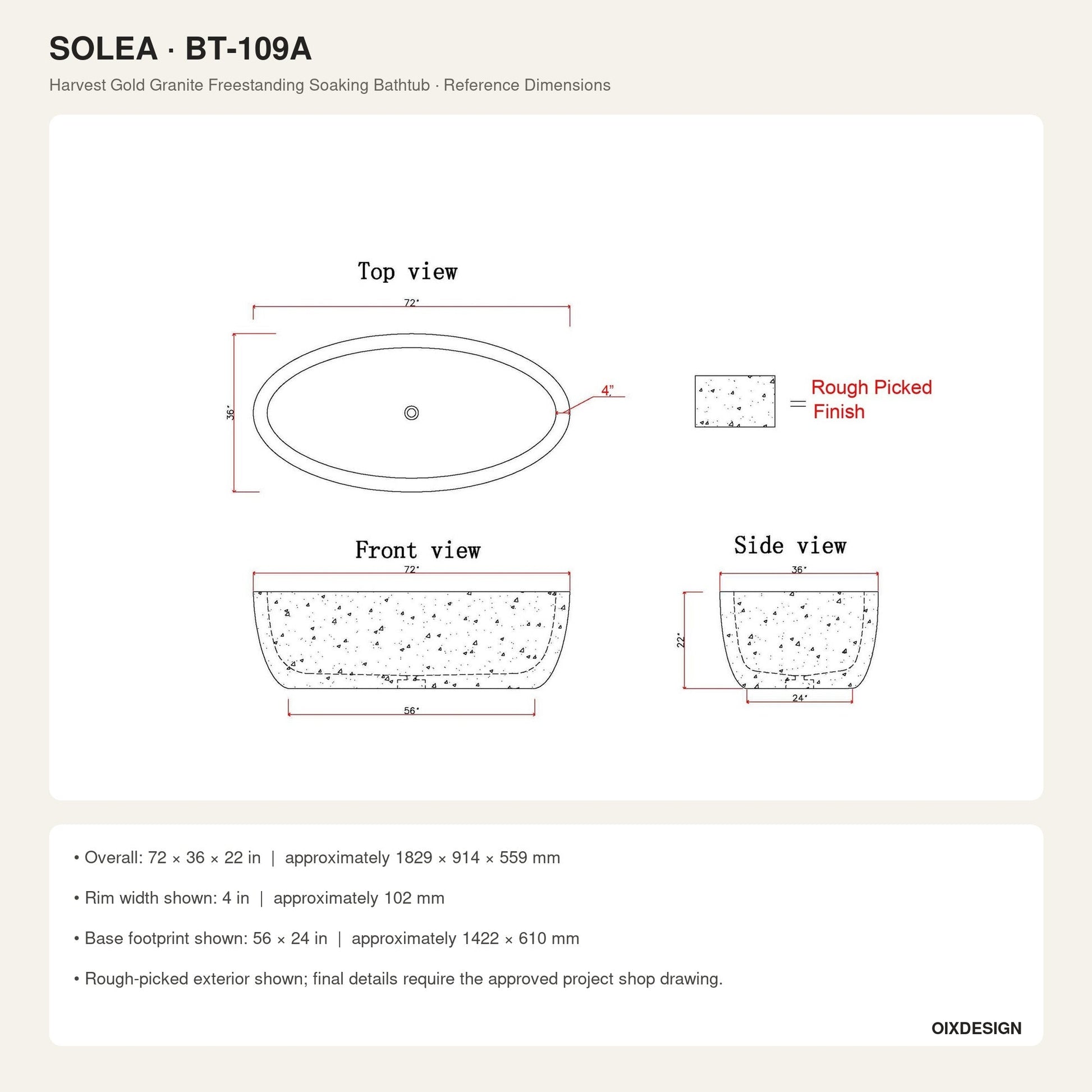 Solea Harvest Gold Granite bathtub reference dimensions