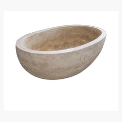 Verelle Beige Marble sculptural oval bathtub, studio side-view visualization