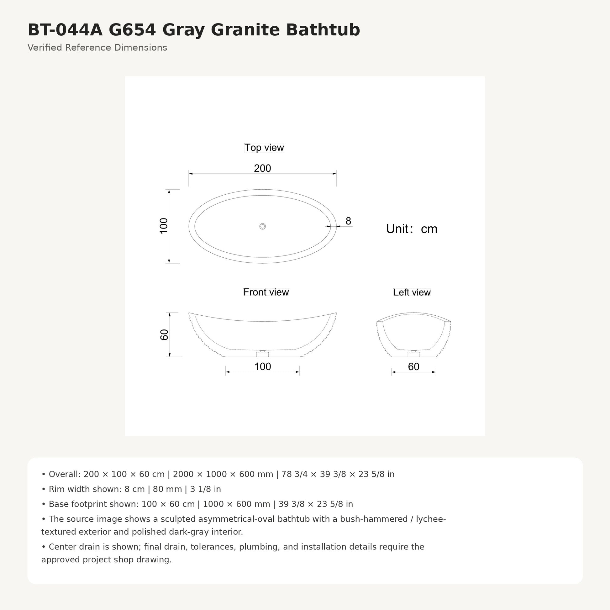 Veyra BT-044A G654 Gray Granite bathtub dimensions, 2000 x 1000 x 600 mm