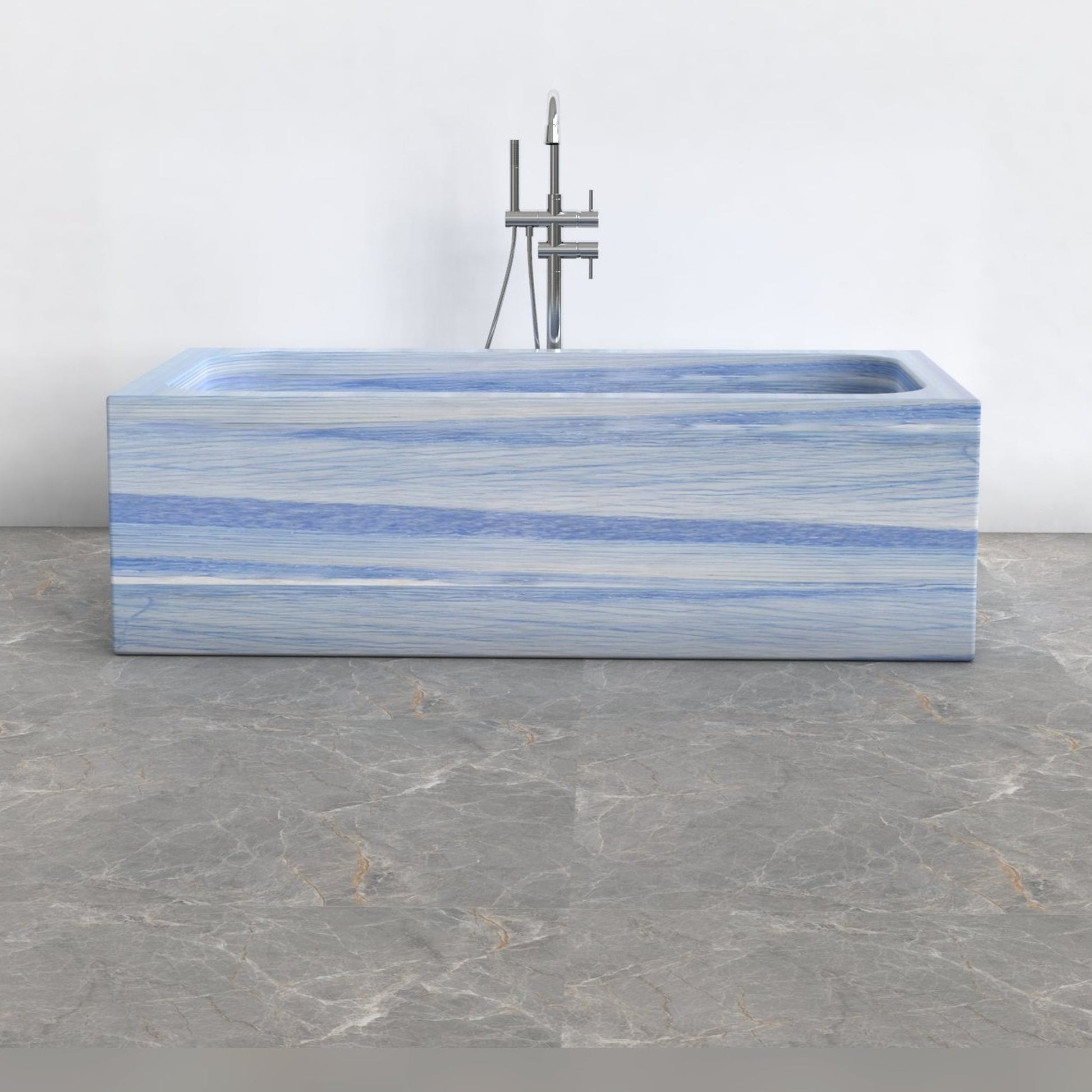 Virelle Azura Blue Quartzite rectangular soaking bathtub, exact-source front view with enlarged full-frame product composition