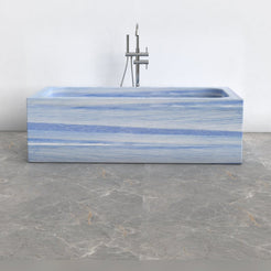 Virelle Azura Blue Quartzite rectangular soaking bathtub, exact-source front view with enlarged full-frame product composition