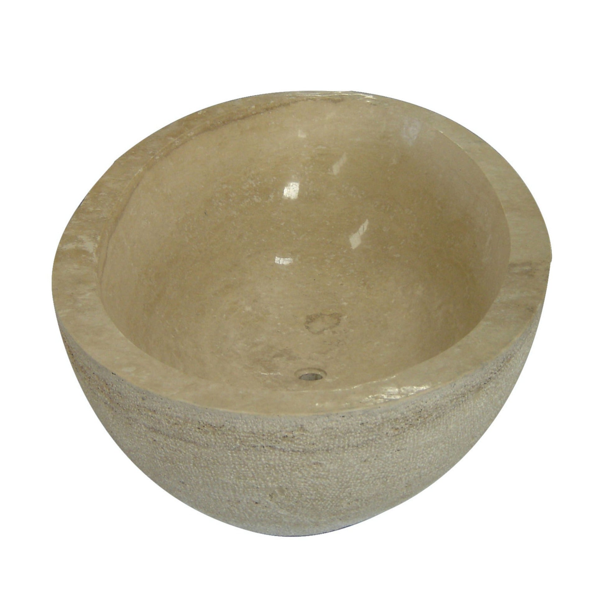 Real front interior view of the YARA Beige Travertine soaking bathtub showing the smooth basin and drain opening
