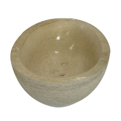 Real front interior view of the YARA Beige Travertine soaking bathtub showing the smooth basin and drain opening