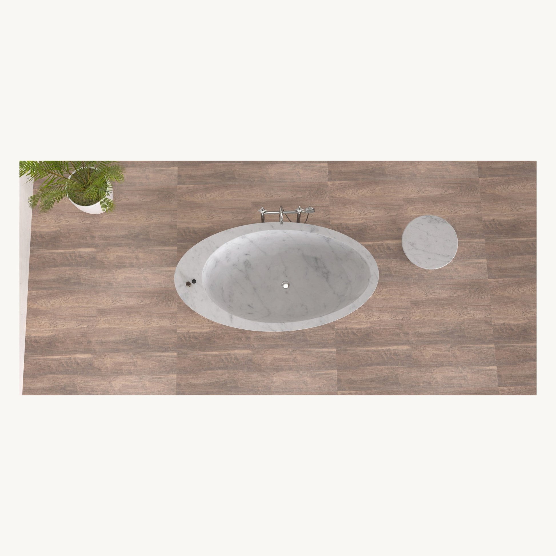 Yaris Carrara White Marble bathtub, top interior view with center drain