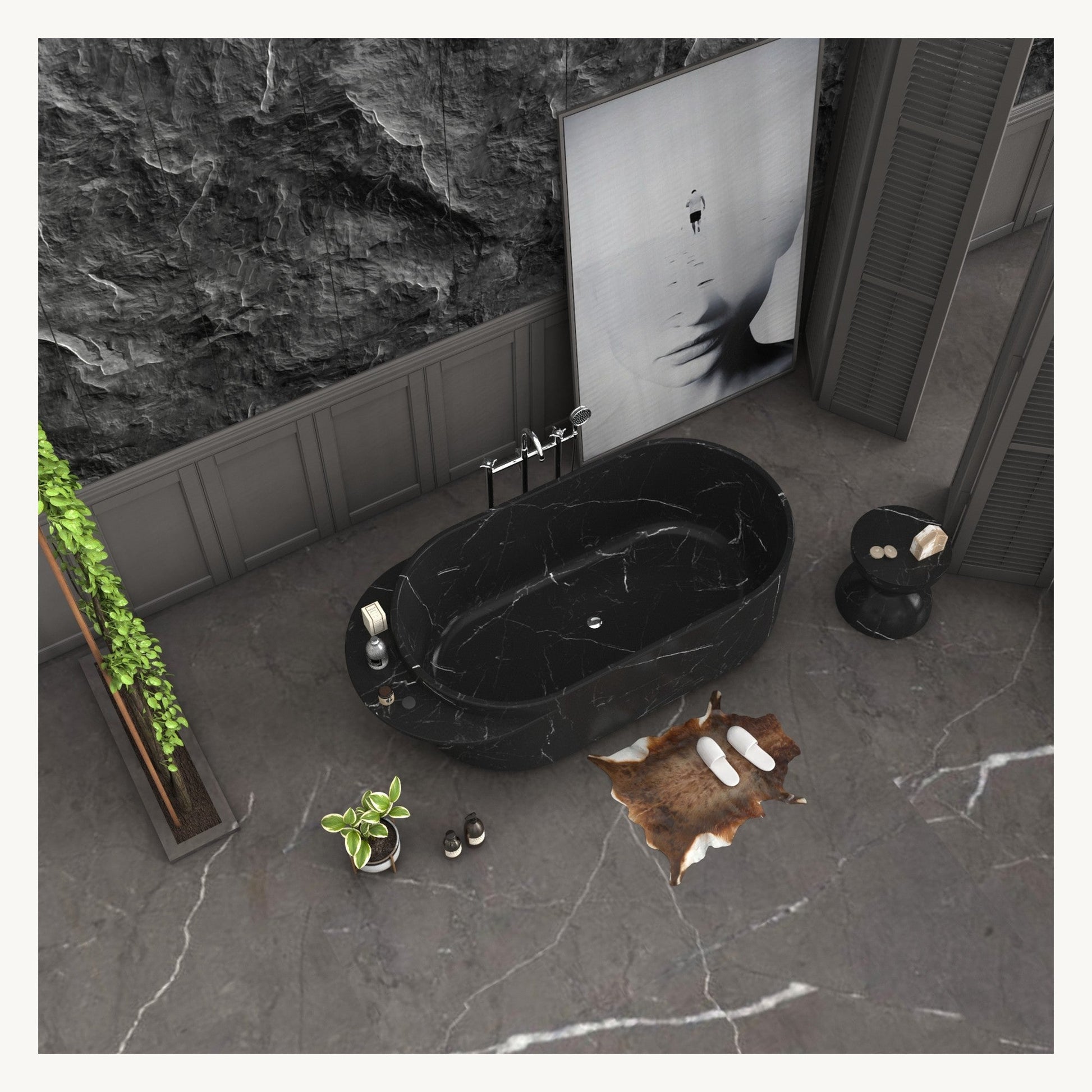 Yetta Portoro Black Marble soaking bathtub, overhead bathroom view