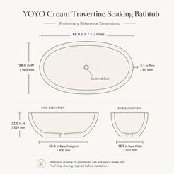 YOYO Cream Travertine bathtub preliminary dimensions showing 68 by 38 by 22 inches and centered drain
