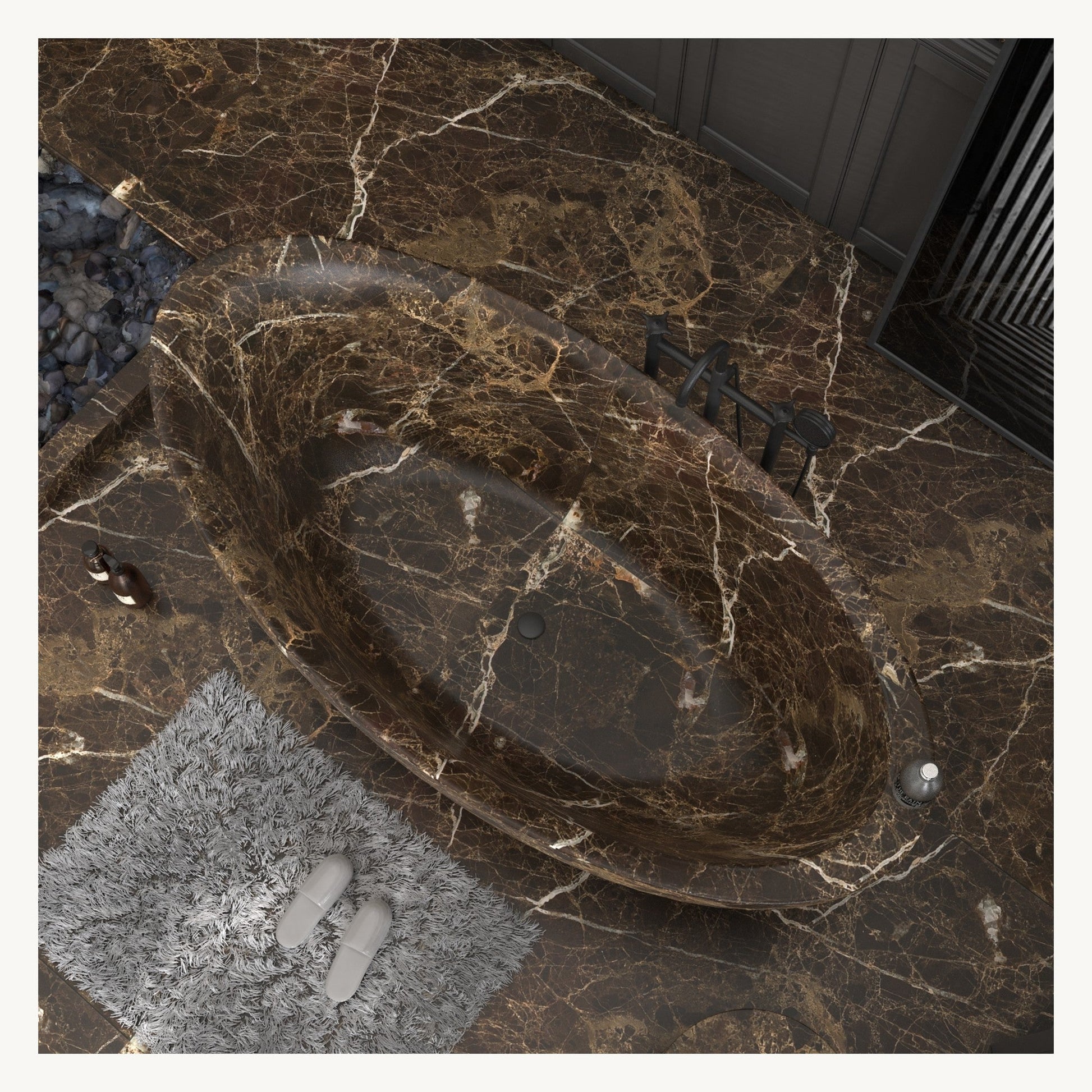 Yuka Dark Emperador Marble soaking bathtub, overhead interior view