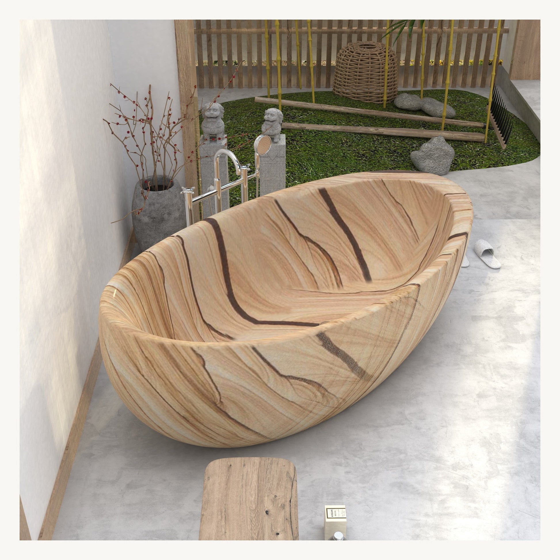 Yuka Natural Sandstone soaking bathtub, overhead studio visualization with centered drain
