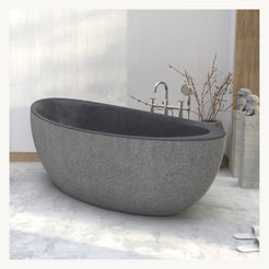 Yuka Shanxi Black Granite freestanding bathtub, opposite angled bathroom view