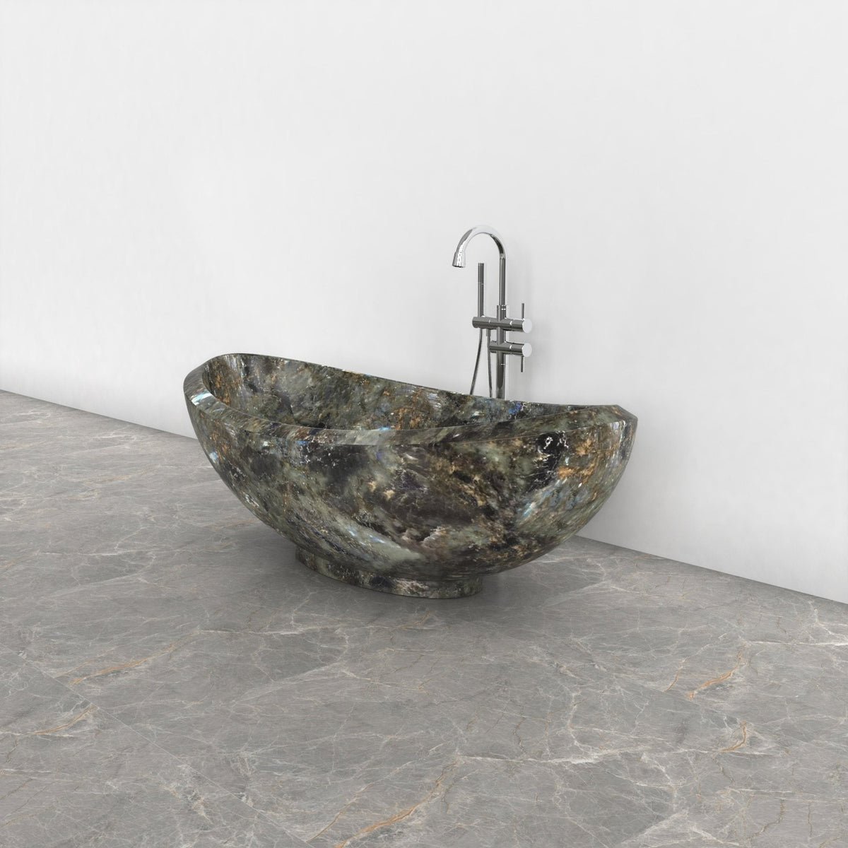 Yuna Celestia Blue Quartzite soaking bathtub, exact-source studio three-quarter view