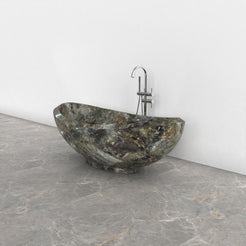 Yuna Celestia Blue Quartzite soaking bathtub, exact-source studio three-quarter view