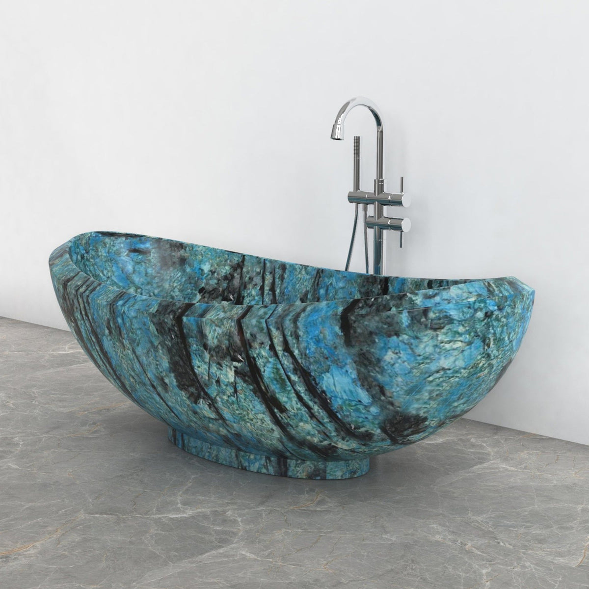 Yuna Danube Blue Quartzite bathtub, exact-source side view showing BT-032A profile and stone movement