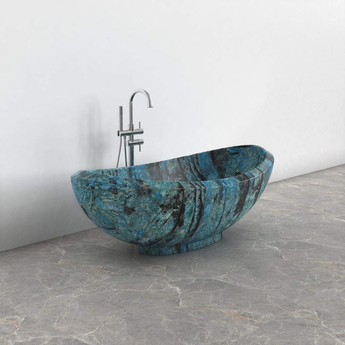Yuna Danube Blue Quartzite soaking bathtub, exact-source studio three-quarter view