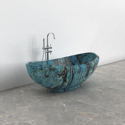 Yuna Danube Blue Quartzite soaking bathtub, exact-source studio three-quarter view