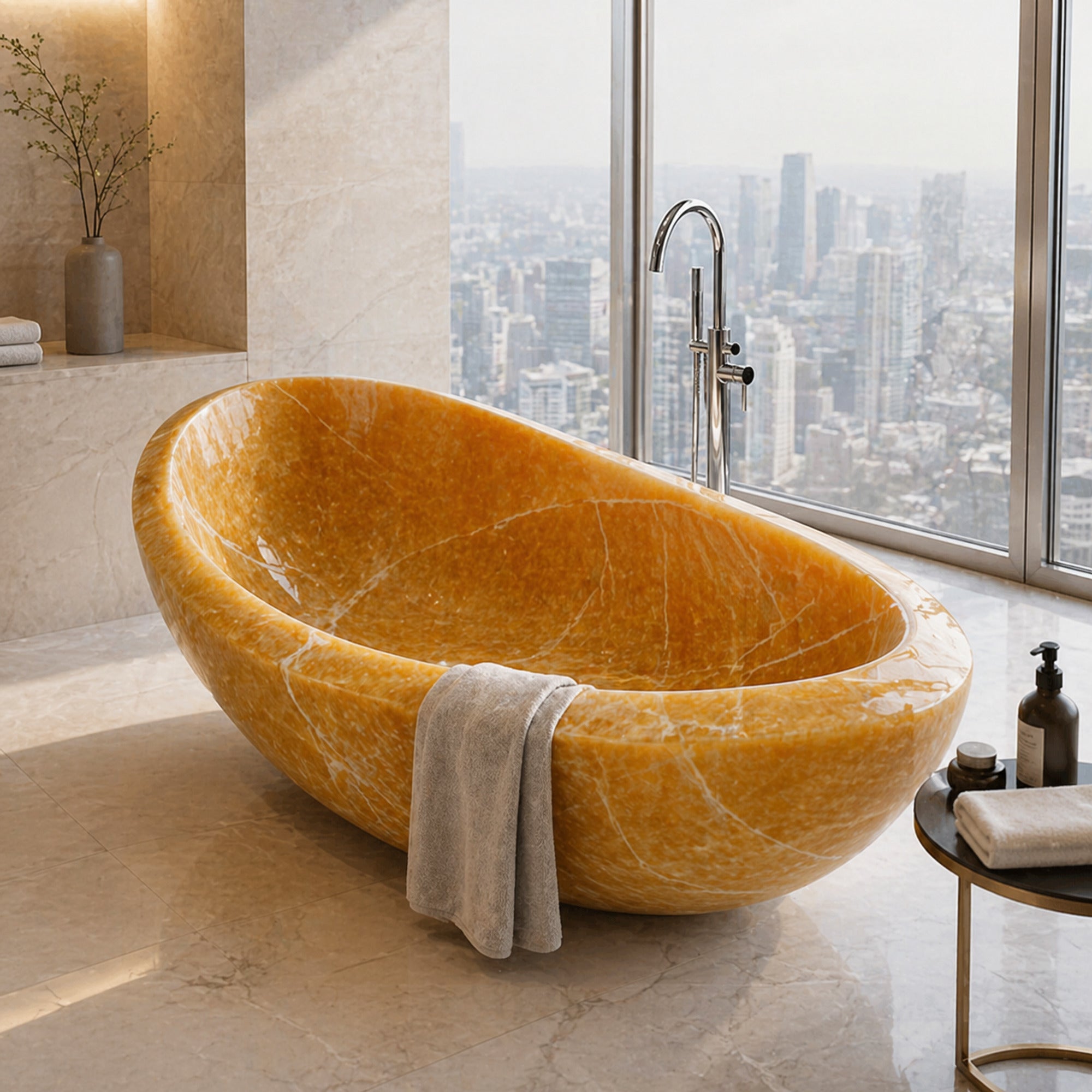 Yuna translucent Honey Onyx bathtub in a luxury bathroom, styled visualization