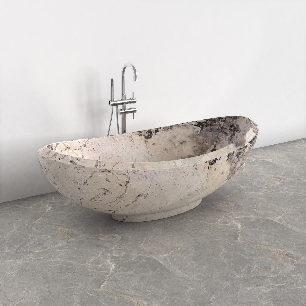 Yuna Pandora Blanc Quartzite freestanding soaking bathtub, exact-source front view