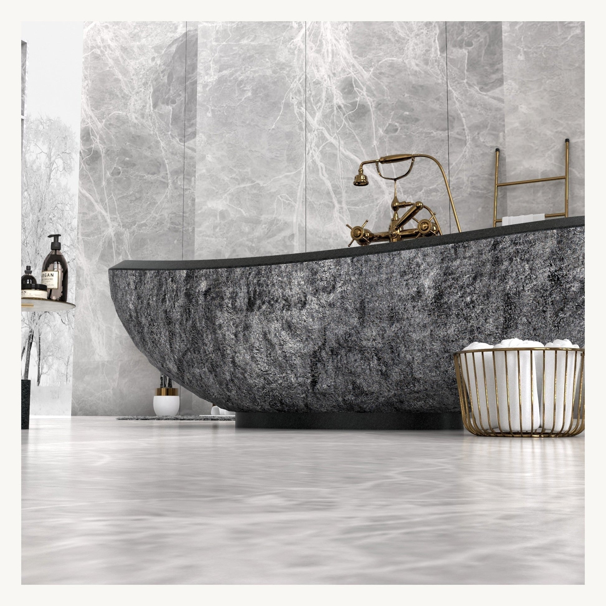 Yura boat-shaped Neroco Granite bathtub, full side profile