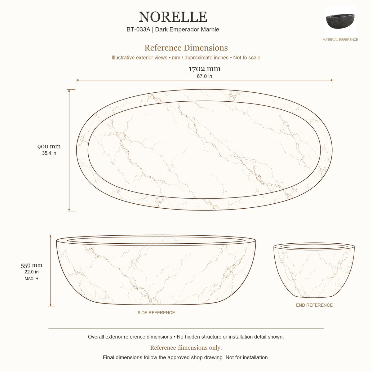 Norelle BT-033A Dark Emperador Marble bathtub reference dimensions: 1702 × 900 × 559 mm (L × W × maximum overall H). Source-based exterior illustration; not to scale. Final dimensions follow approved shop drawing; not for installation.