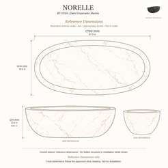 Norelle BT-033A Dark Emperador Marble bathtub reference dimensions: 1702 × 900 × 559 mm (L × W × maximum overall H). Source-based exterior illustration; not to scale. Final dimensions follow approved shop drawing; not for installation.