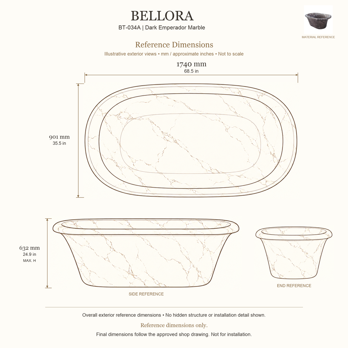 Bellora BT-034A Dark Emperador Marble bathtub reference dimensions: 1740 × 901 × 632 mm (L × W × maximum overall H). Source-based exterior illustration; not to scale. Final dimensions follow approved shop drawing; not for installation.