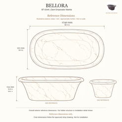 Bellora BT-034A Dark Emperador Marble bathtub reference dimensions: 1740 × 901 × 632 mm (L × W × maximum overall H). Source-based exterior illustration; not to scale. Final dimensions follow approved shop drawing; not for installation.