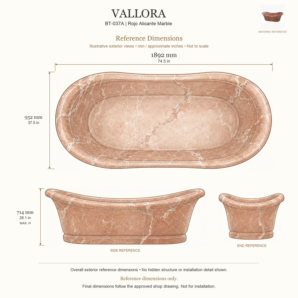 Vallora BT-037A Rojo Alicante Marble bathtub reference dimensions: 1892 × 952 × 714 mm (L × W × maximum overall H). Source-based exterior illustration; not to scale. Final dimensions follow approved shop drawing; not for installation.