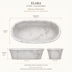 Elara BT-024A Ivory Cloud Marble bathtub reference dimensions: 1730 × 914 × 500 mm (L × W × maximum overall H). Final dimensions follow the approved shop drawing; not for installation.