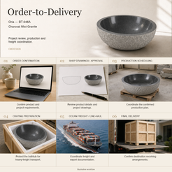 Oria BT-046A Charcoal Mist Granite round bathtub — order-to-delivery; illustrative workflow.
