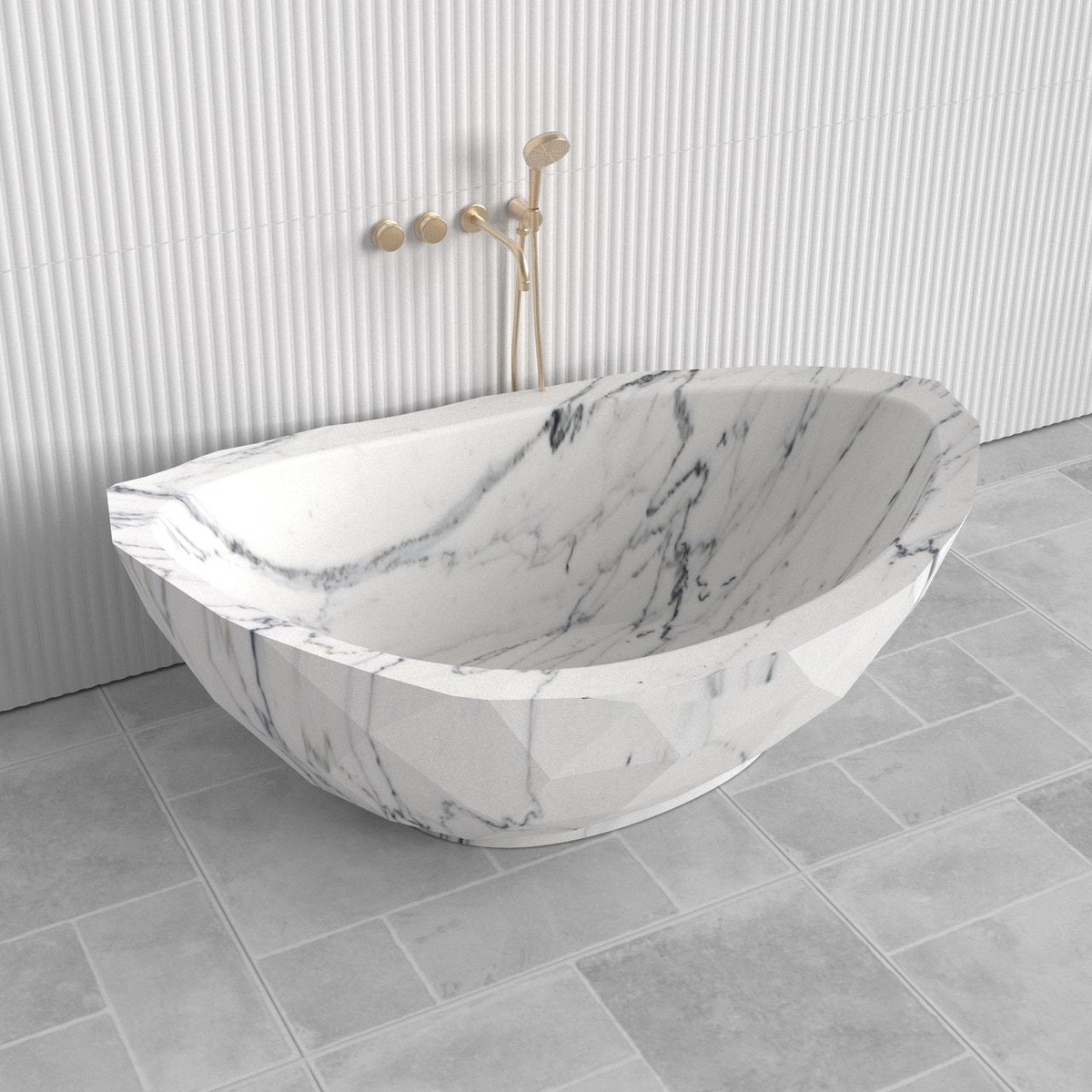 Arcelia BT-136A Carrara White Marble sculptural double-ended freestanding bathtub design rendering, top interior view
