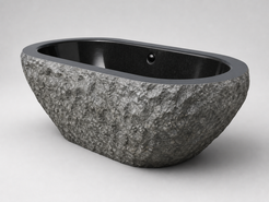 Arden natural-face black granite soaking bathtub, opposite studio angle