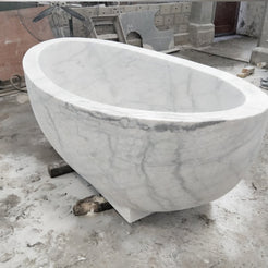 Actual Aurelia BT-038A Ivory Cloud Marble bathtub, real three-quarter workshop view