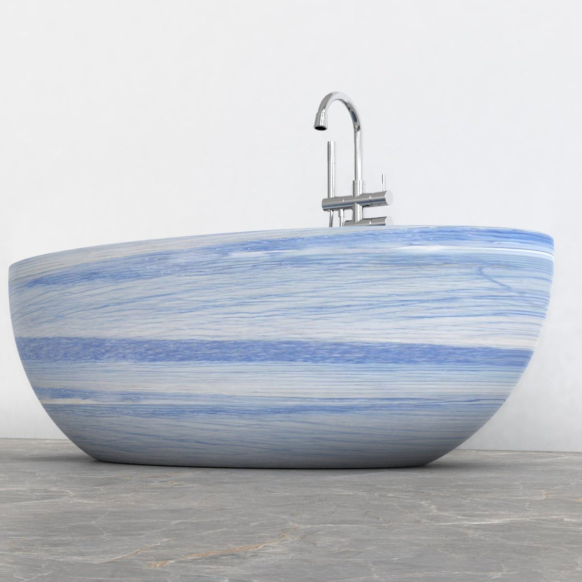 Aveline Azura Blue Quartzite freestanding soaking bathtub, full-frame top and interior view