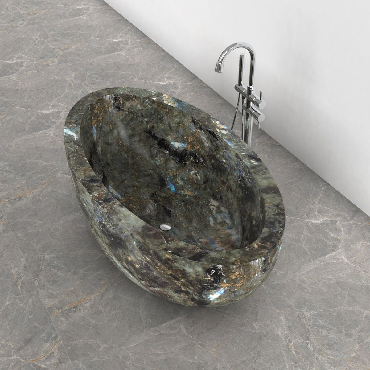 Aveline Celestia Blue Quartzite freestanding soaking bathtub, full-frame top interior and drain view