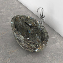 Aveline Celestia Blue Quartzite freestanding soaking bathtub, full-frame top interior and drain view